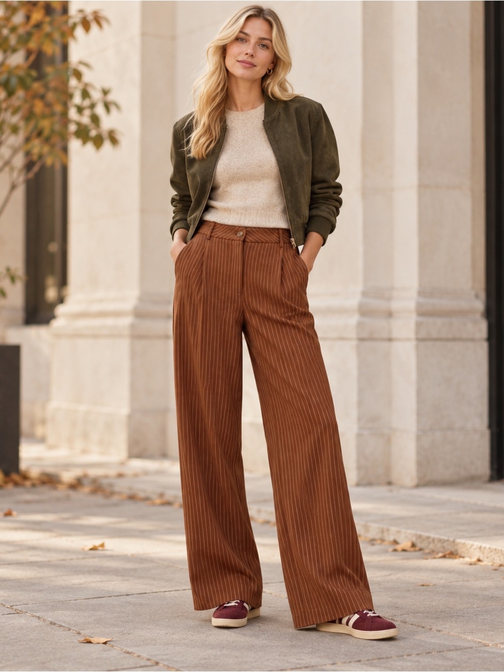 High-Waist Wide-Leg pinstripes Pants in Chestnut Brown